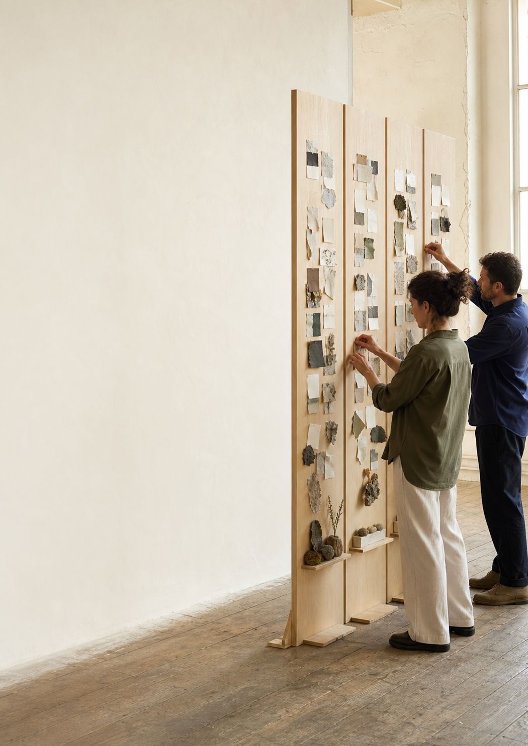 Zwei Menschen ordnen Fundstücke in vier Felder einer hohen Evidenzwand
